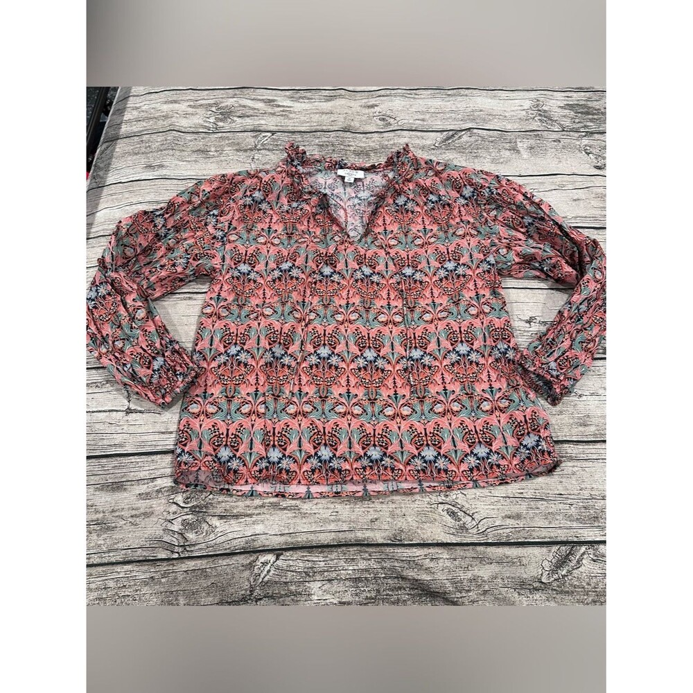 J Crew x Liberty Fabrics Coral Patterned V-Neck Women’s Popover Blouse size Med